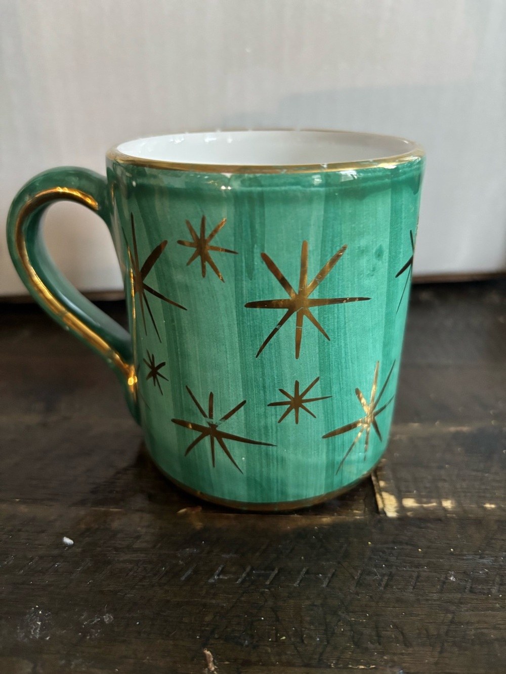 VTG Sberna Deruta Italy Signed Mug  Atomic Starburst Hand Painted Gold Green
